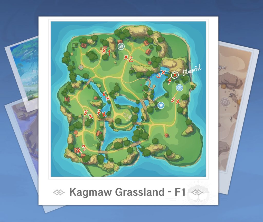 Kagmaw grassland f1, map to ALL treasure chests 