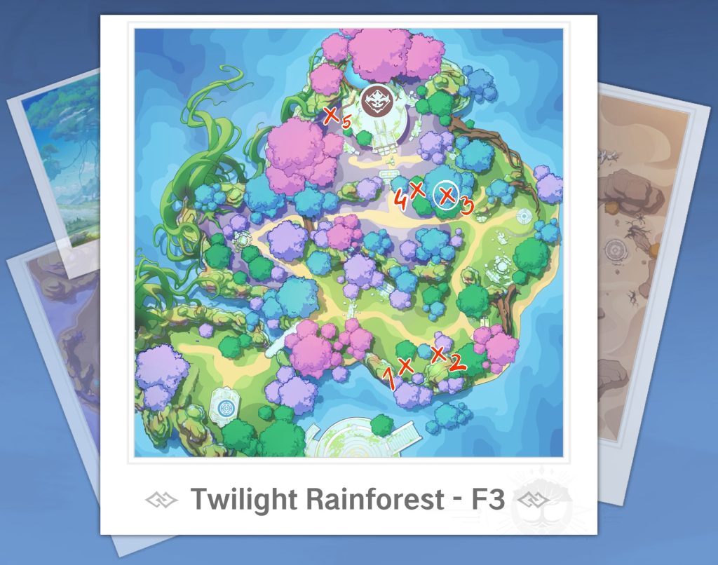 Floor 3 of Twilight Rainforest showing locations to all the treasure chests with special chest