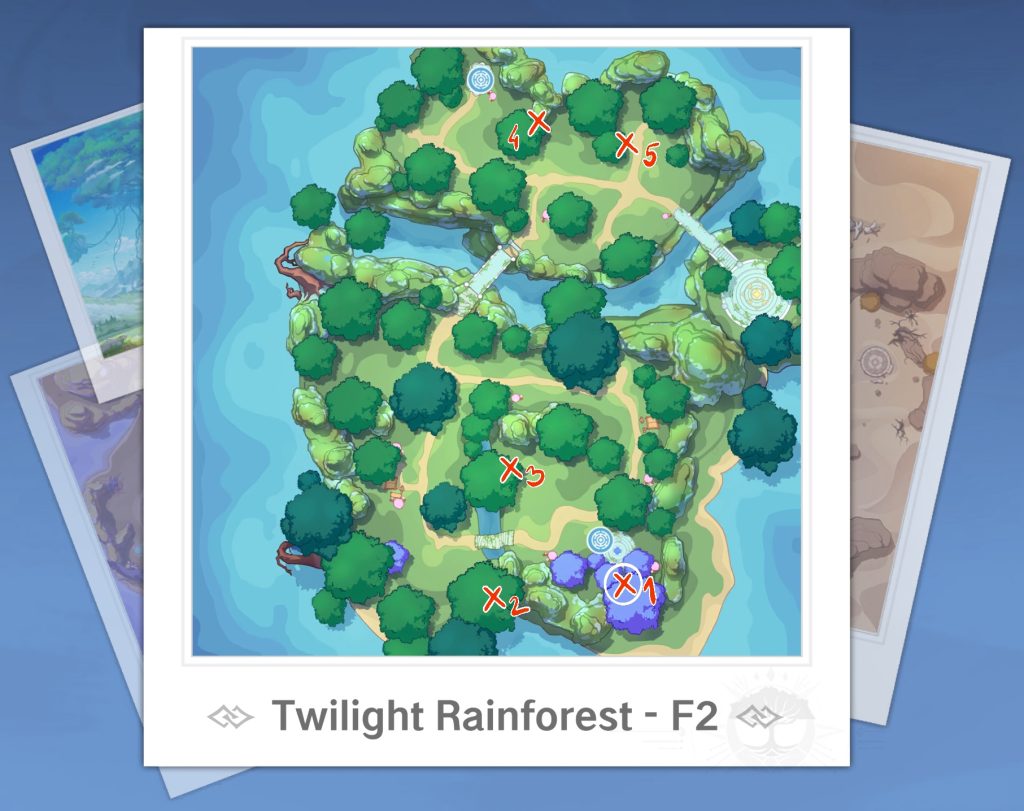 Floor 2 of Twilight Rainforest mapping locations to all the treasure chests + special chest