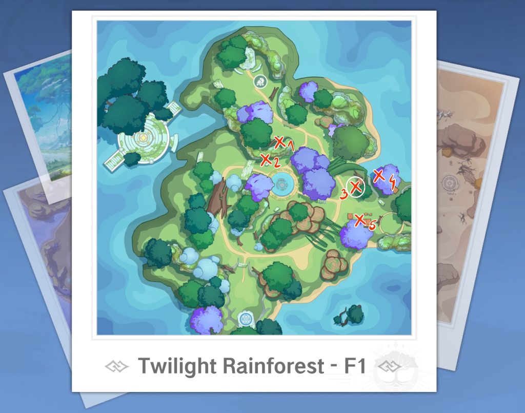 Floor 1 of Twilight Rainforest showing locations to all the treasure chests